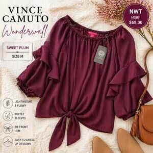 Vince Camuto Wonderwall Blouse M Sweet Plum Tie Front Ruffle Sleeve Boho Top NWT
